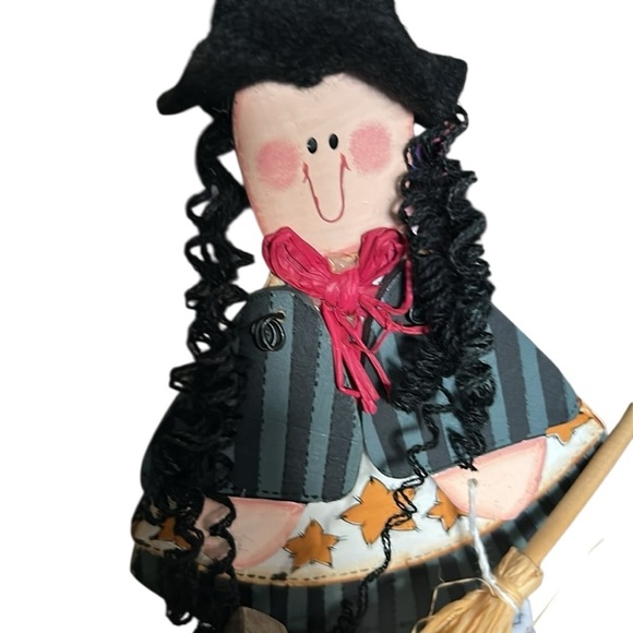 Wooden Halloween Good Witch Figurine with Curly Black Hair and Broom 11” - Picture 5 of 9